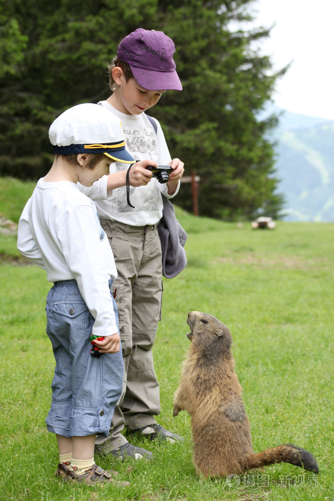 两个男孩和土拨鼠