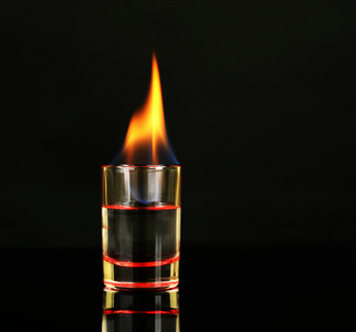 玻璃与酒精燃烧在黑色背景上照片