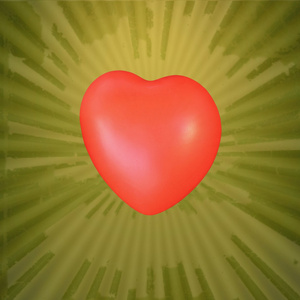 红色的心，在抽象的绿色黄色宇宙背景上