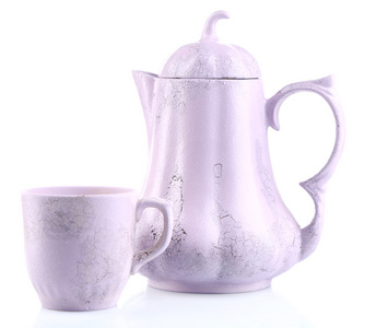 杯茶，孤立的白色衬底上的茶壶