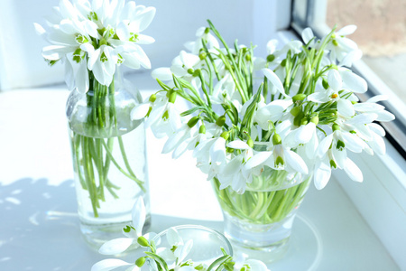 雪花莲在窗台上花瓶中的美丽花束