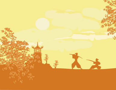 在日落时在亚洲版图的战斗武士剪影。