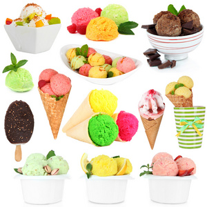 不同种类的冰淇淋上白色孤立的拼贴画