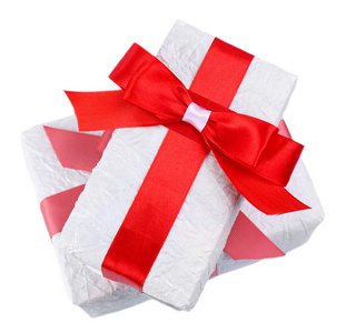 漂亮的礼物，用红丝带，孤立的白色衬底上