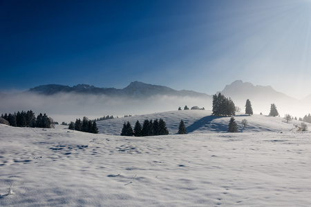 寒冷下, 霜的冬季景观与白雪皑皑的山和树