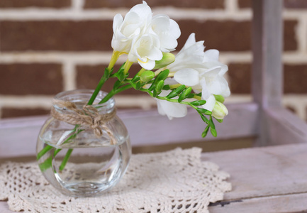 美丽小苍兰鲜花插在花瓶里照片