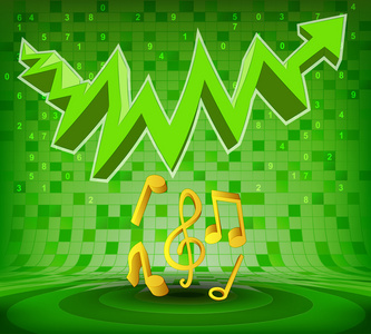 音乐符号下绿色崛起的曲折曲折箭头
