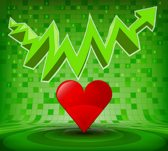 红色的心下绿色崛起的曲折曲折箭头