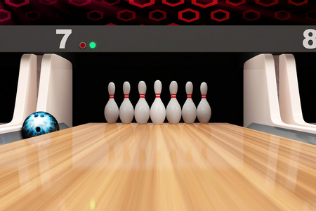 st保龄球球道卡通人物保龄球球道撞针的 3d 渲染保龄球球道在轨道上
