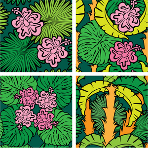 组无缝模式与棕榈树的叶子和赤素馨花 f