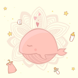 粉红鲸鱼女孩矢量逗人喜爱的婴儿淋浴