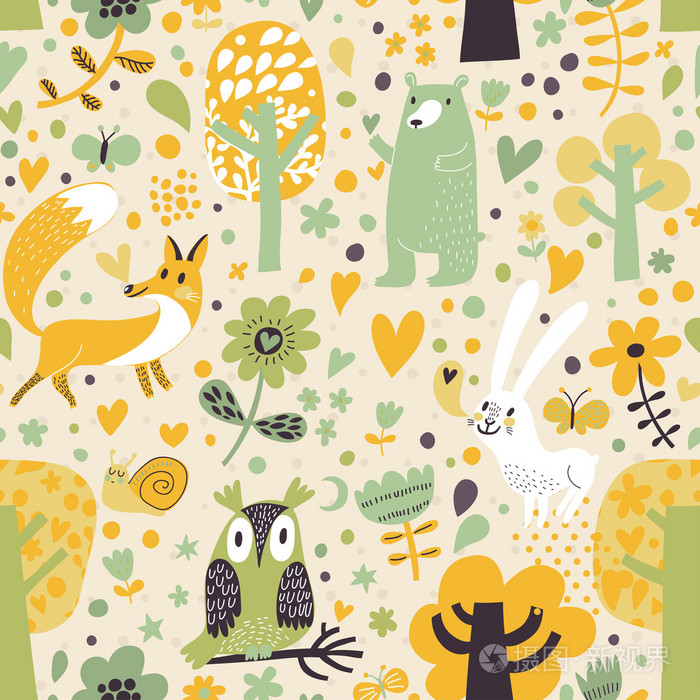 森林动物时尚无缝花纹