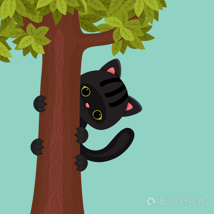 一棵树上的黑猫矢量卡通插画