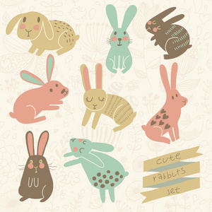 组的八个可爱的兔子们在明亮的颜色照片