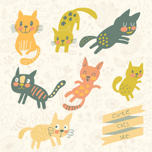 卡通风格的七个滑稽小猫