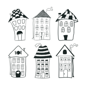 在卡通风格中设置黑色和白色的草绘轮廓的房子