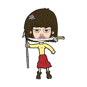 卡通女人用刀和鱼叉