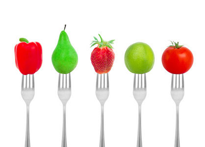 饮食观念 蔬菜和水果在叉子上