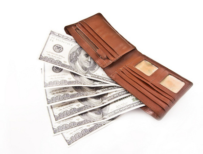 棕色皮革钱包用美元孤立
