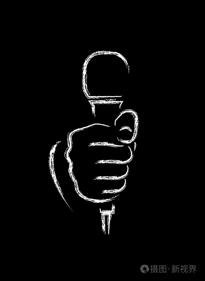 粉笔画画的一只手拿麦克风在黑色的背景上