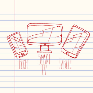 矢量手绘的智能手机 电视和平板电脑设置在纸上