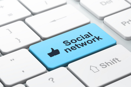 社交媒体的概念 拇指向上和社交网络上的计算机键盘背景