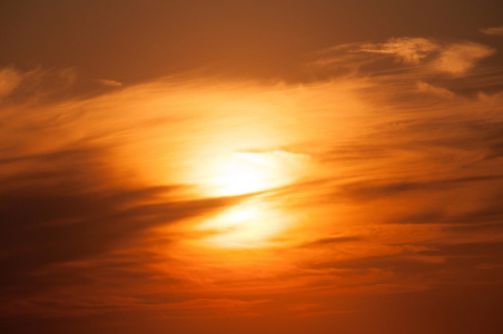 橘黄色的夕阳，在海的地平线上，天际线