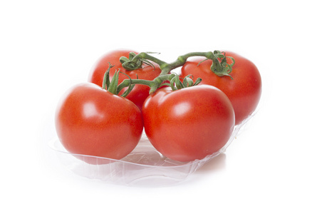 新鲜的西红柿上白色背景透明托盘中孤立