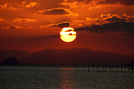 落日的天空和湖面的大太阳