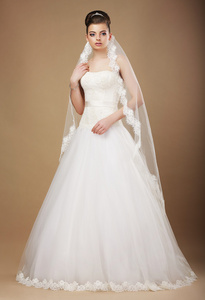 婚礼。美丽优雅的新娘，在白色的长裙和维尔