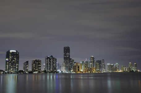 在晚上的迈阿密城市天际线全景