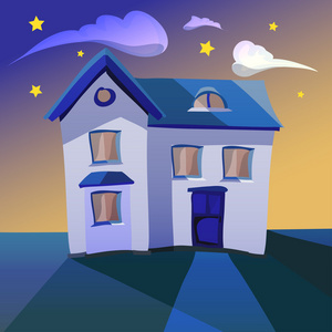 卡通房子晚上的插图照片