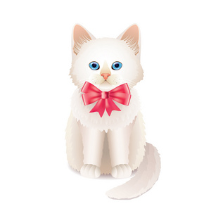 白色的小猫，长着粉红色的蝴蝶结矢量图