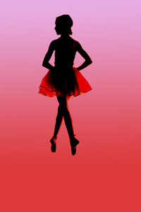一个年轻的芭蕾舞演员，浮动具有红色背景的剪影
