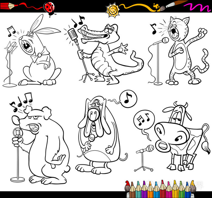 唱歌动物设置为着色书插画