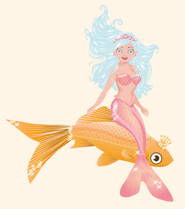 小美人鱼女孩，金色的鱼，矢量图