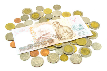 泰国纸币和硬币上白色孤立