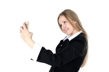商务套装的女人带着她的手机自画像