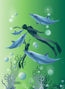 两名潜水员和海豚一起
