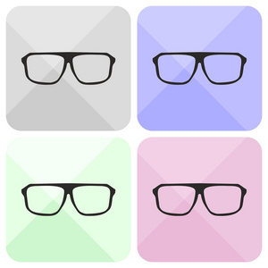 眼镜有孤立的白色背景上的黑色厚持有人时髦插图矢量集。医学的巨大眼睛眼镜 shilouette 集合。情报 秘书或学校老师的标志