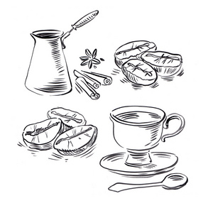 手图绘制插图的咖啡豆 咖啡和鸡尾酒杯