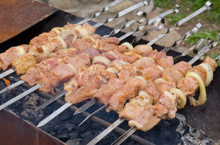 用热烧烤火煮着的肉串