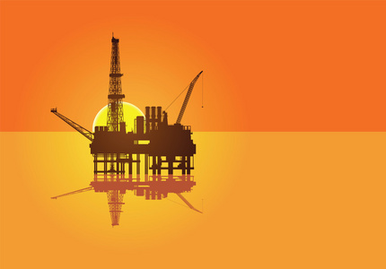 石油平台海和日落背景中的插图