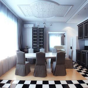 黑色和白色的厨房室内用餐区