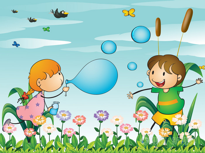 barn i trdgrden spelar med blsa bubblor
