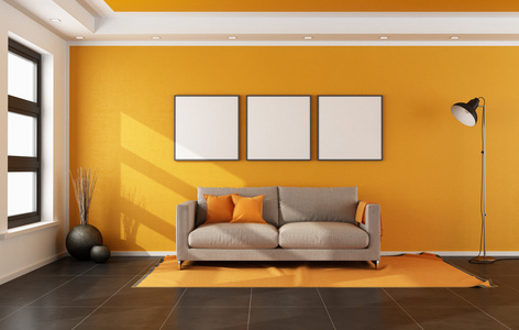现代客厅与橙色的墙