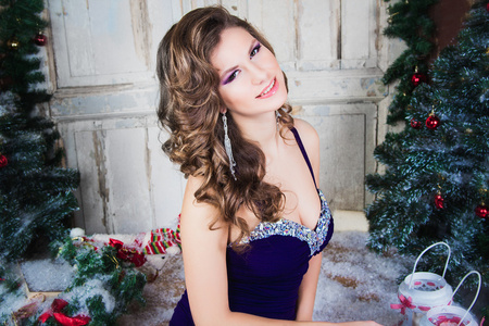 美丽优雅的年轻女子，在华丽的晚礼服，在圣诞节的背景的特写肖像