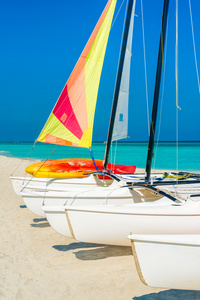 在热带的古巴海滩上五颜六色帆船