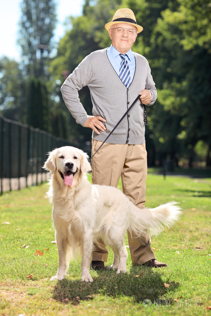 资深的人和狗在公园里