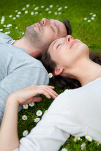有吸引力的夫妇躺在草在公园